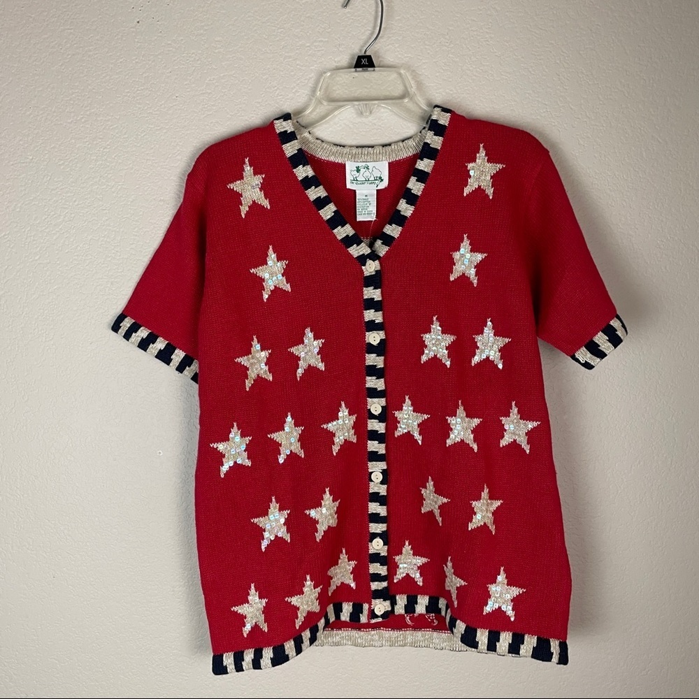 Red Star Knit Short-Sleeve Cardigan Sweater